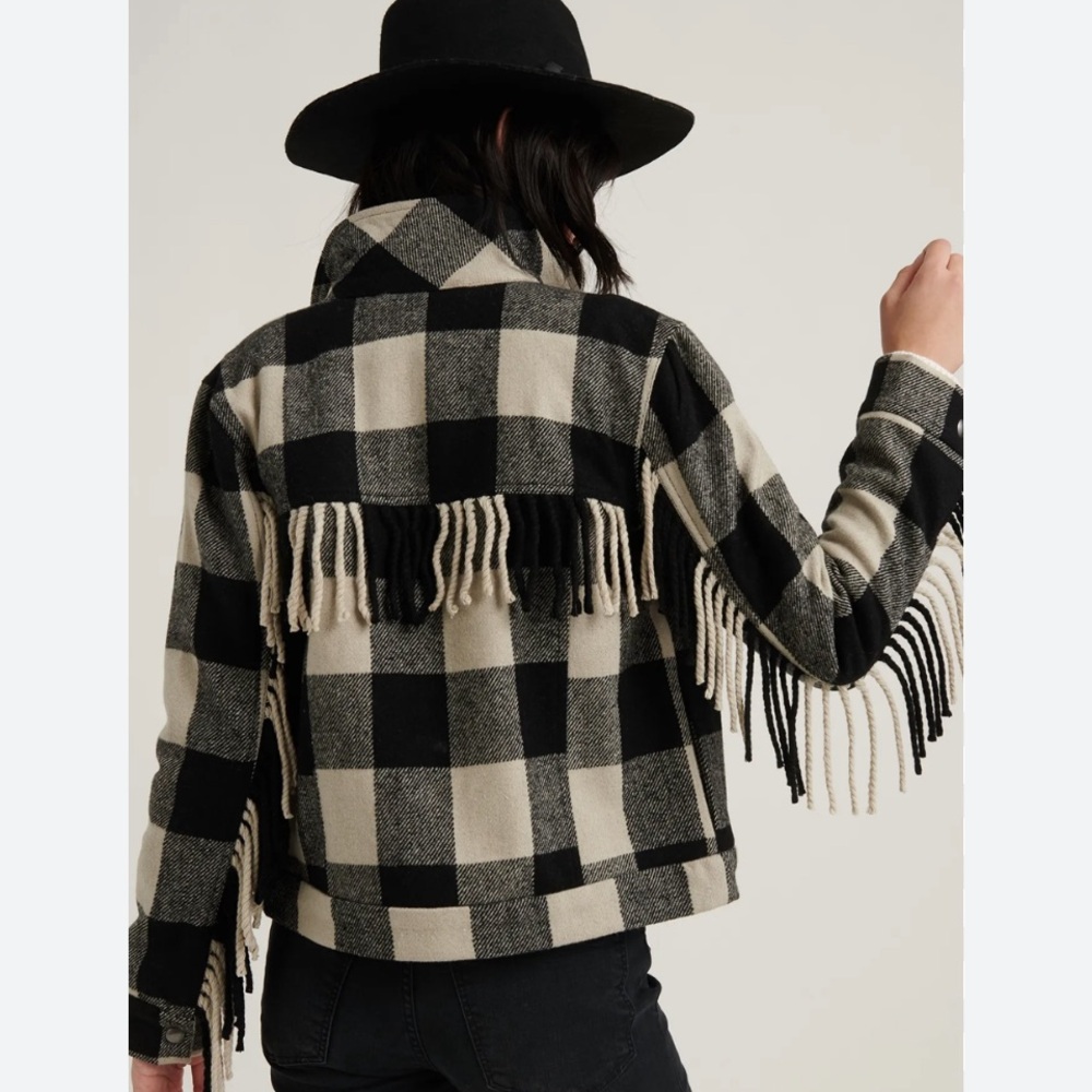 Lucky Brand Buffalo Check Wool Fringe Jacket size Small